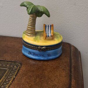 St. Thomas V.I. Beach Lounge Chair Under Palm Tree Oval Trinket Box